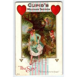 Vintage 1913 Valentine Postcard, Cupid's Military Tactics, The Spy - Embossed
